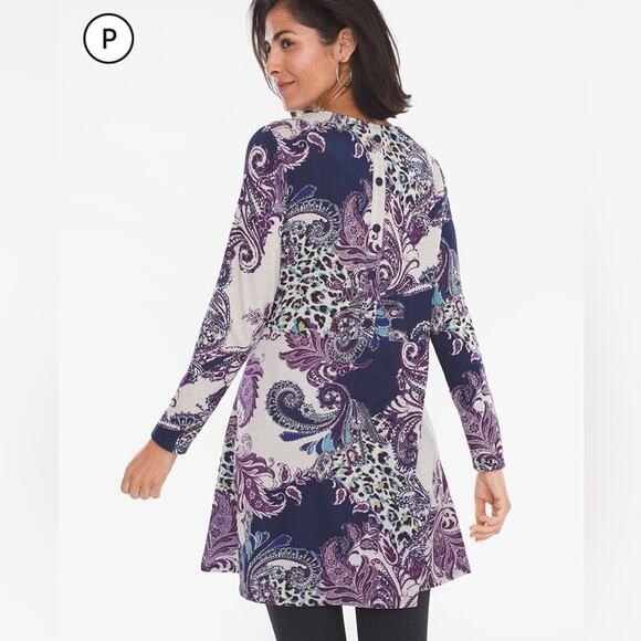 Chicos Asymmetrical Paisley Print Button-Back Lightweight Tunic sz L 2 pockets - Picture 2 of 12